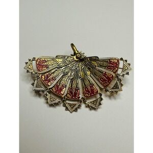 vintage Spanish damascene enamel articulated fan brooch pin or pendant